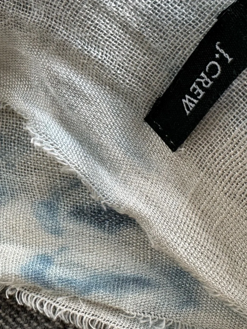 JCREW, LIGHT COLORED LINEN SCARF WITH SUBTLE AND LIGHT INDIGO PRINTED ON IT